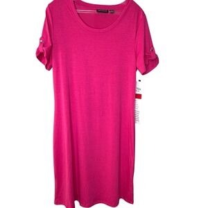 Nina Leonard Raspberry Pink TShirt Dress-Large with Roll Tab Sleeves Women's nwt